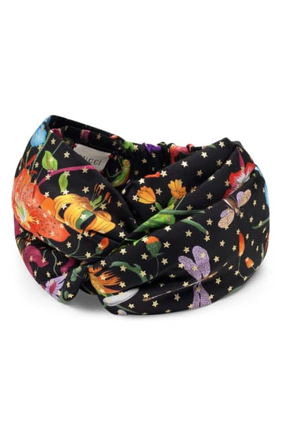 Shop Gucci Floral & Star Print Silk Headband In Black