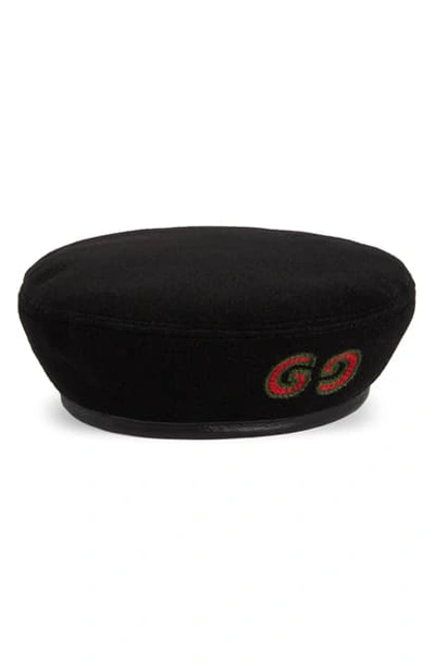 Shop Gucci Double-g Logo Patch Wool Beret In Black/ Black