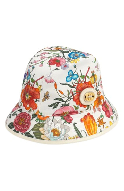 Shop Gucci Flora Print Bucket Hat In White/ Ivory