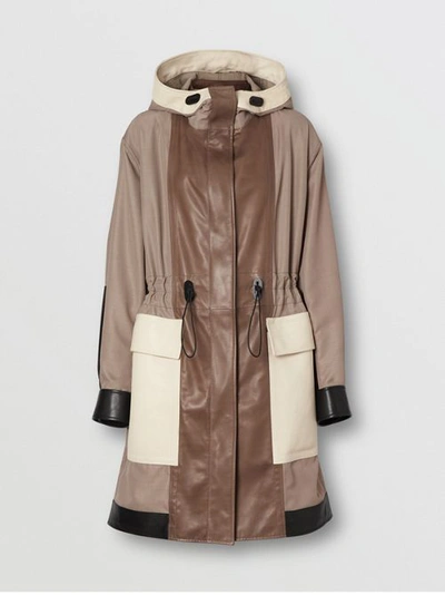 Shop Burberry Leather Panelled Nylon Hooded Parka In Warm Taupe