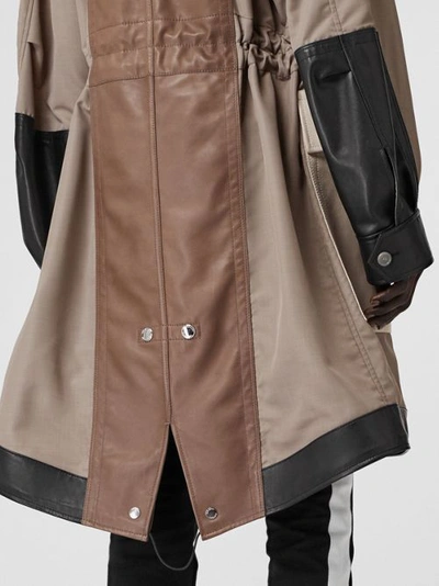 Shop Burberry Leather Panelled Nylon Hooded Parka In Warm Taupe