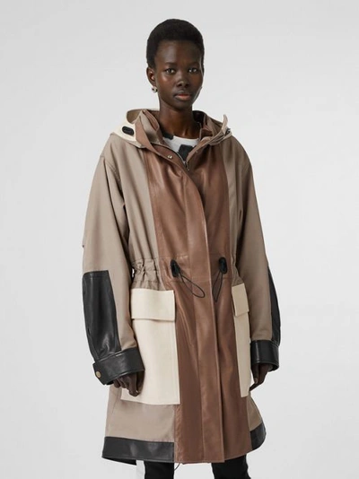 Shop Burberry Leather Panelled Nylon Hooded Parka In Warm Taupe
