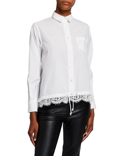 Shop Sacai Button-front Boxy Striped Poplin Shirt W/ Lace Hem In White