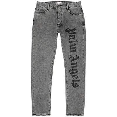 Shop Palm Angels Grey Logo-embroidered Slim-leg Jeans