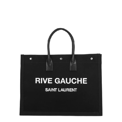 Shop Saint Laurent Rive Gauche Black Canvas Tote In Black And White