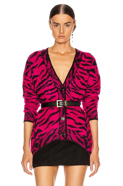 Shop Saint Laurent Zebra Cardigan In Animal Print,pink In Fuchsia & Black