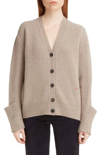 Shop Victoria Beckham Folded Cuff Wool Cardigan In Mushroom