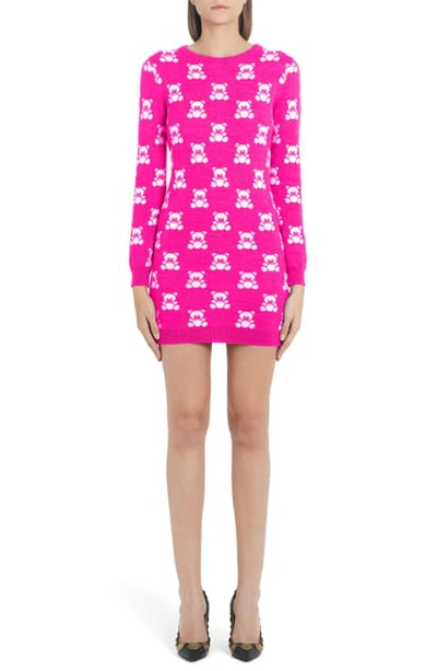 Shop Moschino Checkerboard Bear Long Sleeve Wool Sweater Dress In Fuchsia