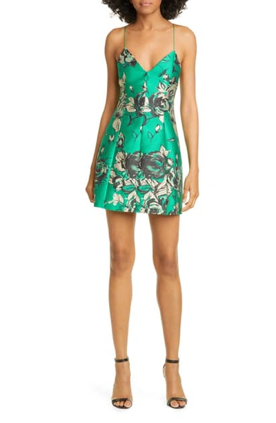 Shop Alice And Olivia Tayla Floral Structured Lantern Minidress In Dark Kelly Multi