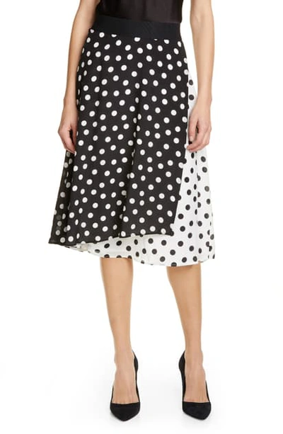 Shop Alice And Olivia Nanette Pattern Mix Faux Wrap Silk Skirt In Polka Dot Black/ Soft White