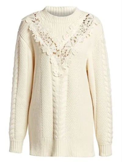 Shop See By Chloé Lace Panel Cableknit Sweater In Shell Yellow