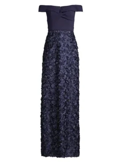 Shop Aidan Mattox Off-the-shoulder Ribbon Textured Gown In Twilight