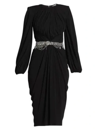Shop Alexander Mcqueen Crystal Belted Ruched Jersey Dress In Black