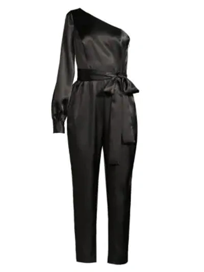 Shop Aidan Mattox One-shoulder Satin Tie-waist Jumpsuit In Black