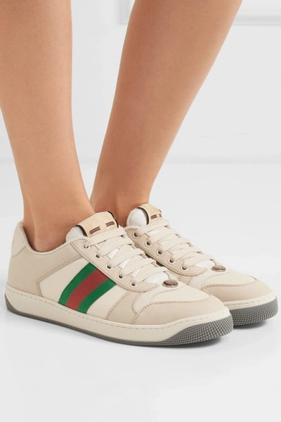 Shop Gucci Screener Canvas-trimmed Leather Sneakers In Off-white