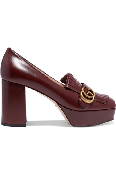 Shop Gucci Marmont Fringed Logo-embellished Leather Platform Pumps In Burgundy