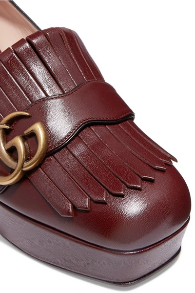 Shop Gucci Marmont Fringed Logo-embellished Leather Platform Pumps In Burgundy