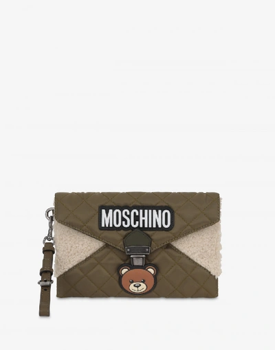 Shop Moschino Ecofur And Nylon Teddy Pocket Clutch In Military Green