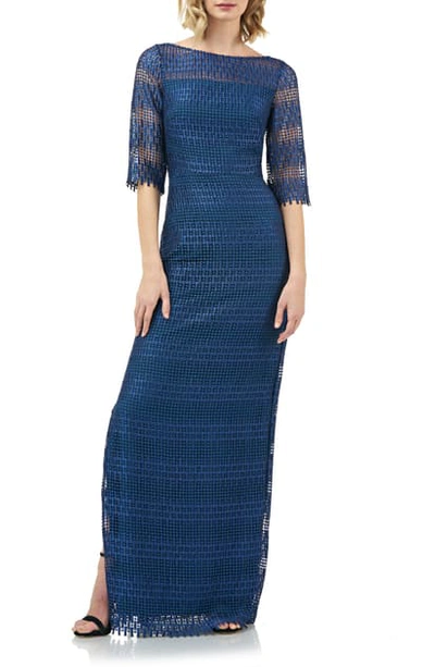 Shop Kay Unger Illusion Neck Lace Evening Gown In Sapphire/ Peacock