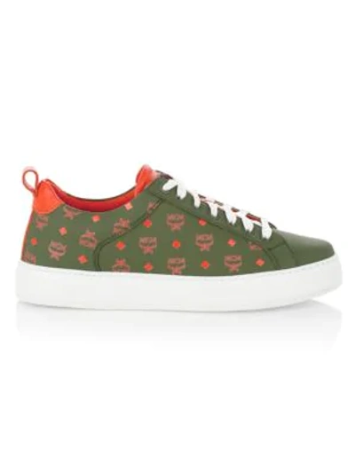 Shop Mcm Logo Group Leather Sneakers In Winter Moss