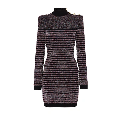 Shop Balmain Striped Metallic-knit Mini Dress