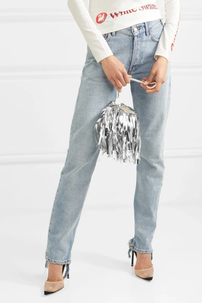 Off-white Metallic Fringed Faux Suede And Pvc Clutch In Silver