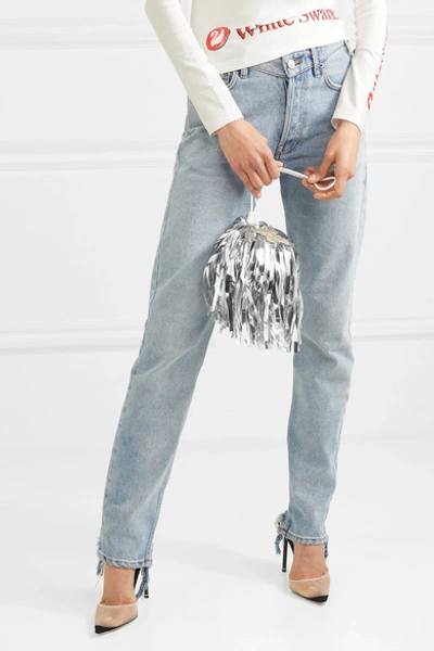 Shop Off-white Metallic Fringed Faux Suede And Pvc Clutch In Silver