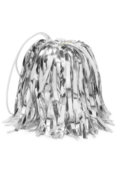 Shop Off-white Metallic Fringed Faux Suede And Pvc Clutch In Silver