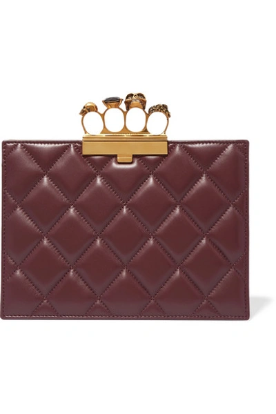 Shop Alexander Mcqueen Knuckle Embellished Quilted Leather Clutch In Burgundy