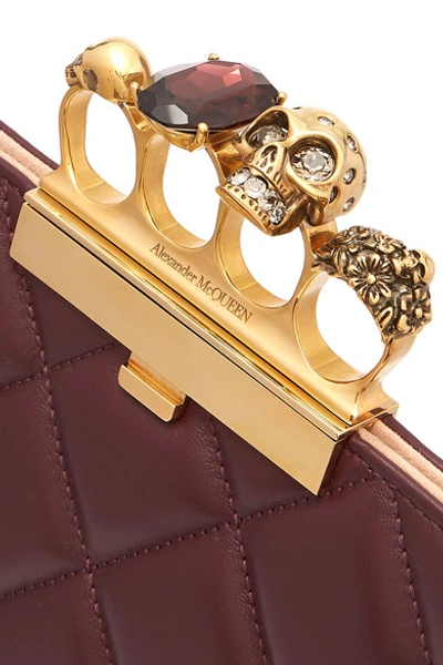 Shop Alexander Mcqueen Knuckle Embellished Quilted Leather Clutch In Burgundy