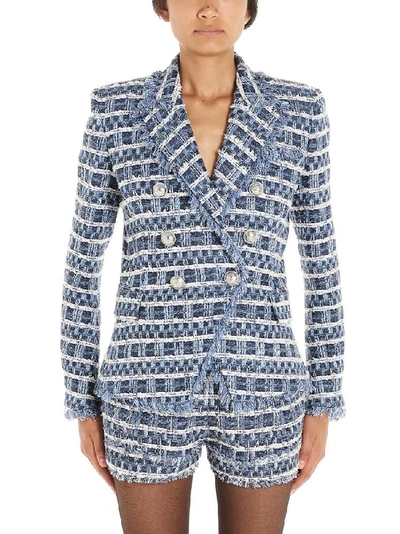 Shop Balmain Tweed Double Breasted Blazer In Blue