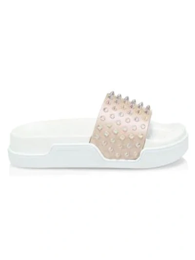 Shop Christian Louboutin Donna Studded Metallic Flat Pool Side Sandals In Nude