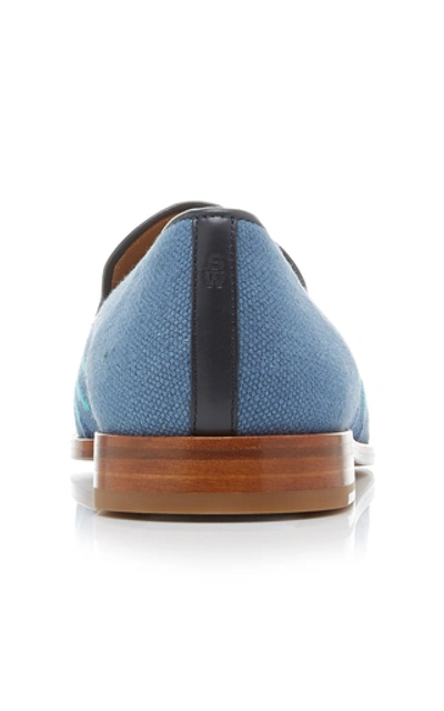 Shop Stubbs & Wootton Leather-trimmed Embroidered Wool Loafers In Blue