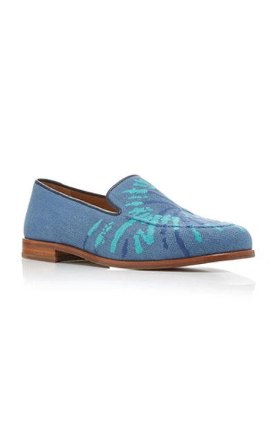 Shop Stubbs & Wootton Leather-trimmed Embroidered Wool Loafers In Blue