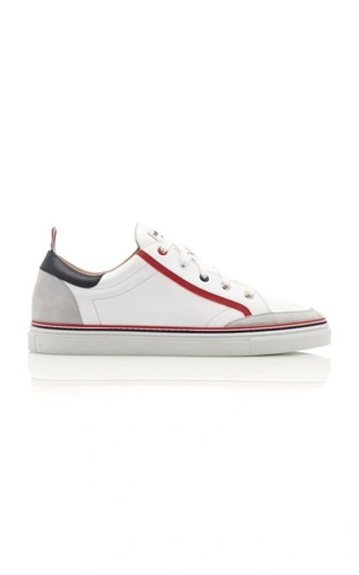 Shop Thom Browne Striped Leather Low-top Sneakers In White