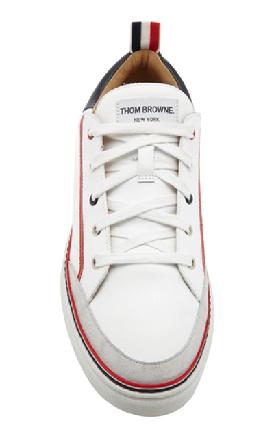 Shop Thom Browne Striped Leather Low-top Sneakers In White