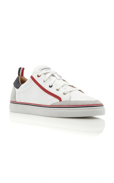 Shop Thom Browne Striped Leather Low-top Sneakers In White