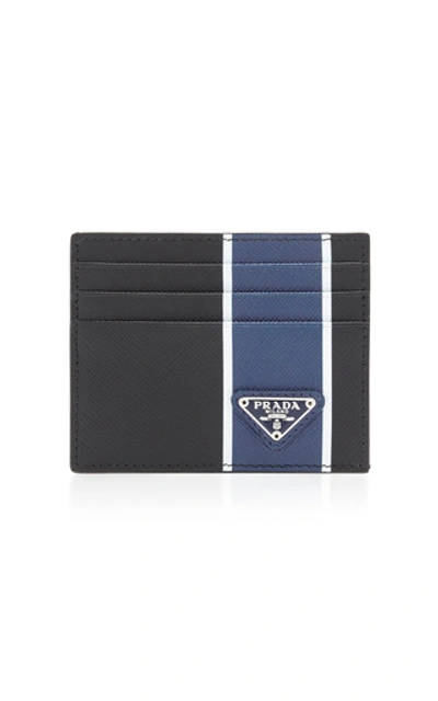 Shop Prada Striped Textured-leather Card Case In Black