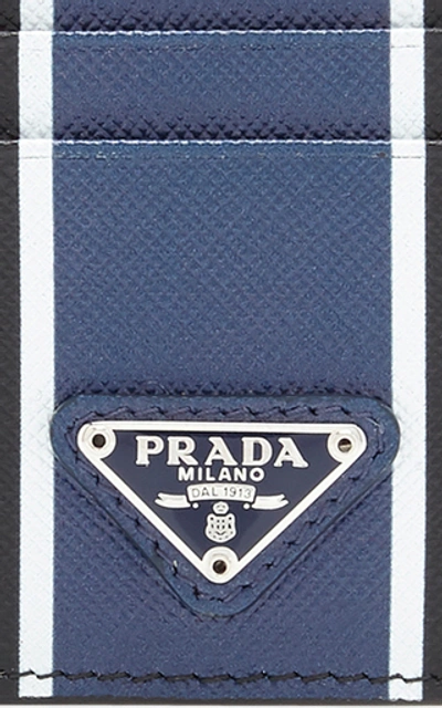 Shop Prada Striped Textured-leather Card Case In Black