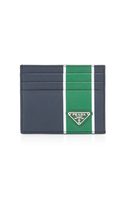 Shop Prada Striped Textured-leather Card Case In Navy