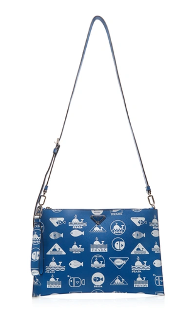 Shop Prada Printed Textured-leather Pouch In Blue