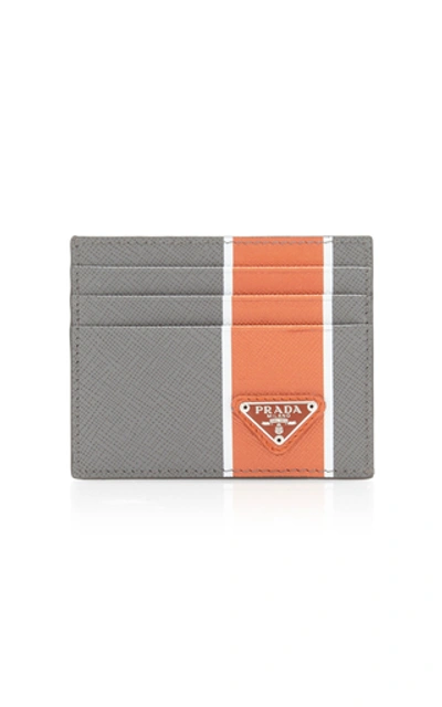 Shop Prada Striped Textured-leather Card Case In Grey