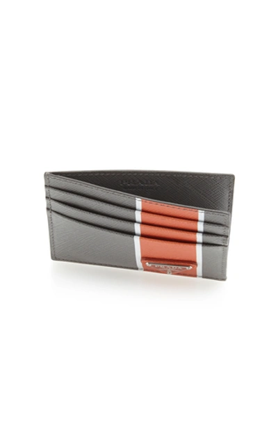 Shop Prada Striped Textured-leather Card Case In Grey