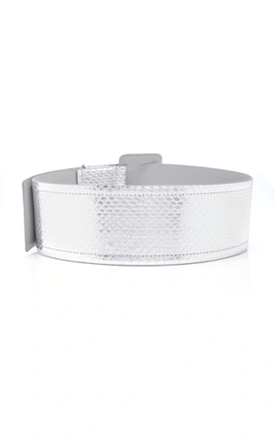 Shop Carolina Herrera Snakeskin Waist Belt In Silver