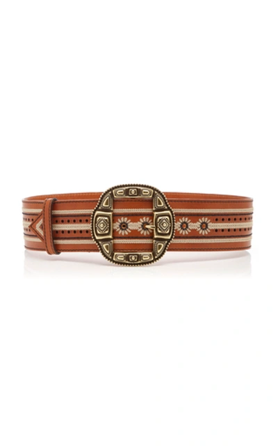 Shop Etro Embroidered Leather Waist Belt In Brown