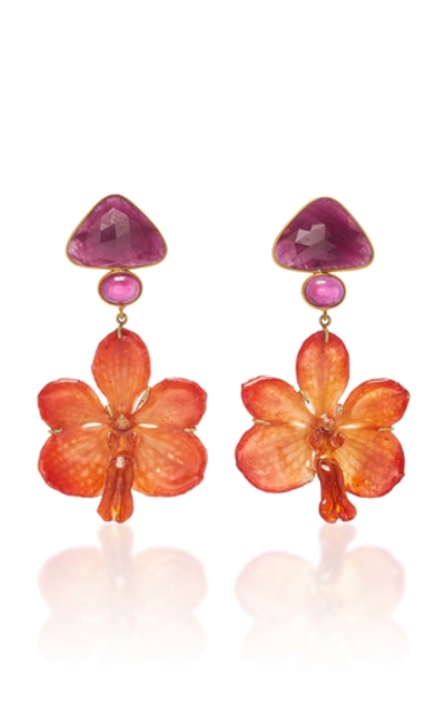 Shop Bahina 18k Gold, Pink Sapphire, Ruby And Orchid Earrings In Orange