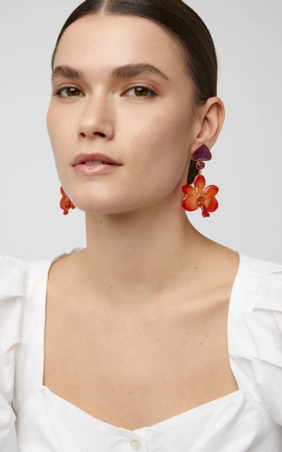 Shop Bahina 18k Gold, Pink Sapphire, Ruby And Orchid Earrings In Orange