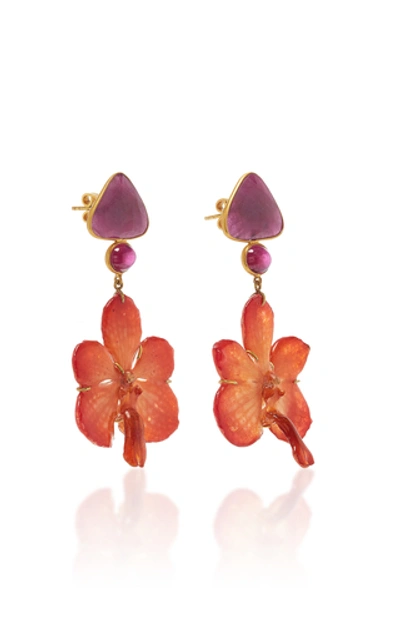 Shop Bahina 18k Gold, Pink Sapphire, Ruby And Orchid Earrings In Orange