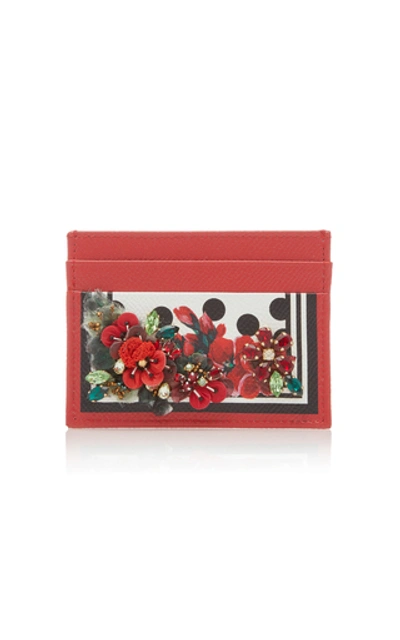 Shop Dolce & Gabbana Portofino Embellished Textured-leather Cardholder In Red