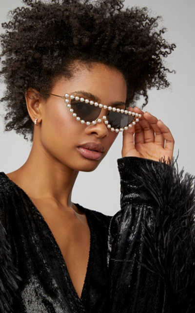 Shop Gucci Faux Pearl-embellished Cat-eye Sunglasses In Black
